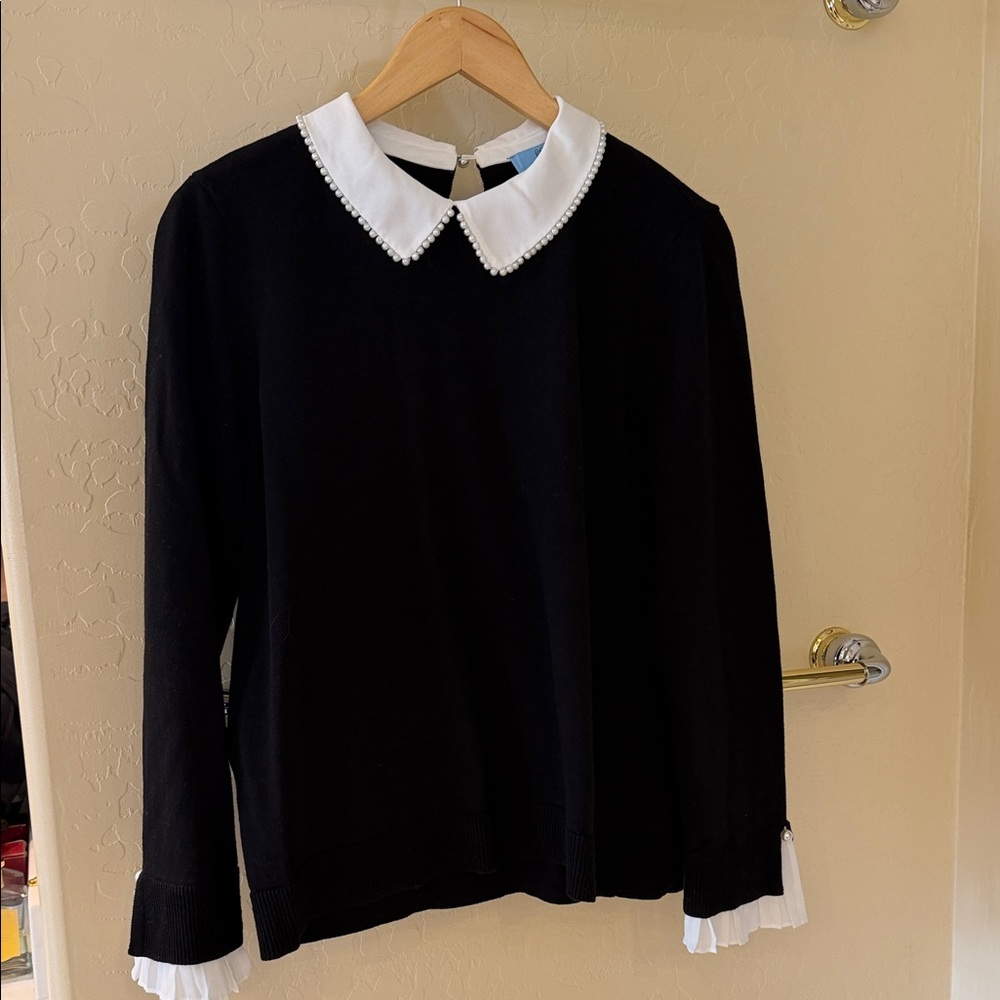 Black Sweater with Pearl-Trimmed White Peter Pan Collar